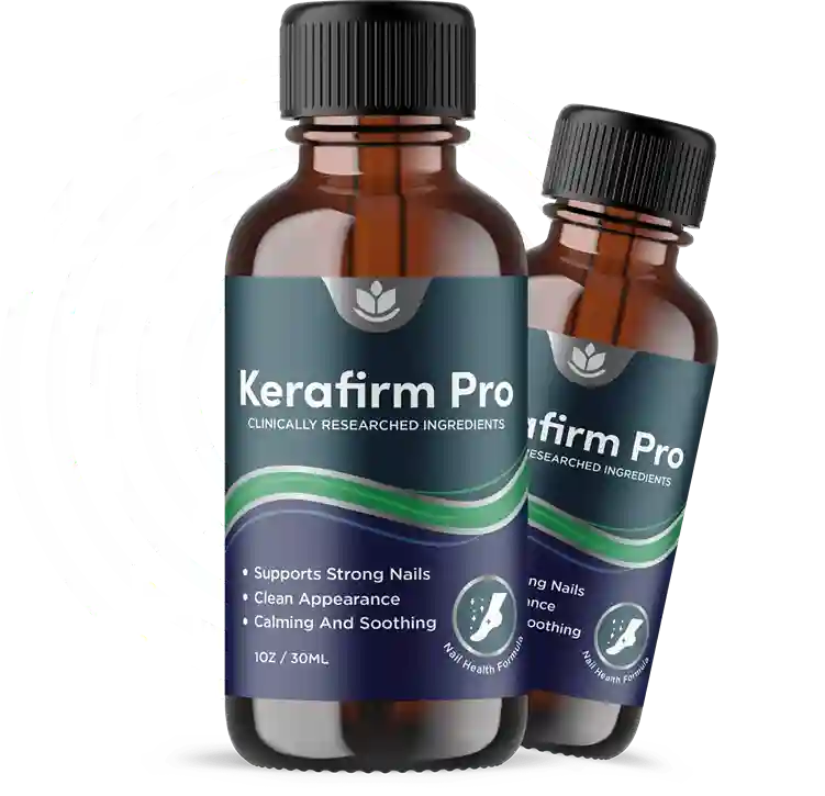 Kerafirm Pro Nail Health Formula &mdash; two dark amber glass precision applicator bottles showing clinically researched ingredients label with teal wave design, Supports Strong Nails, Clean Appearance and Calming and Soothing